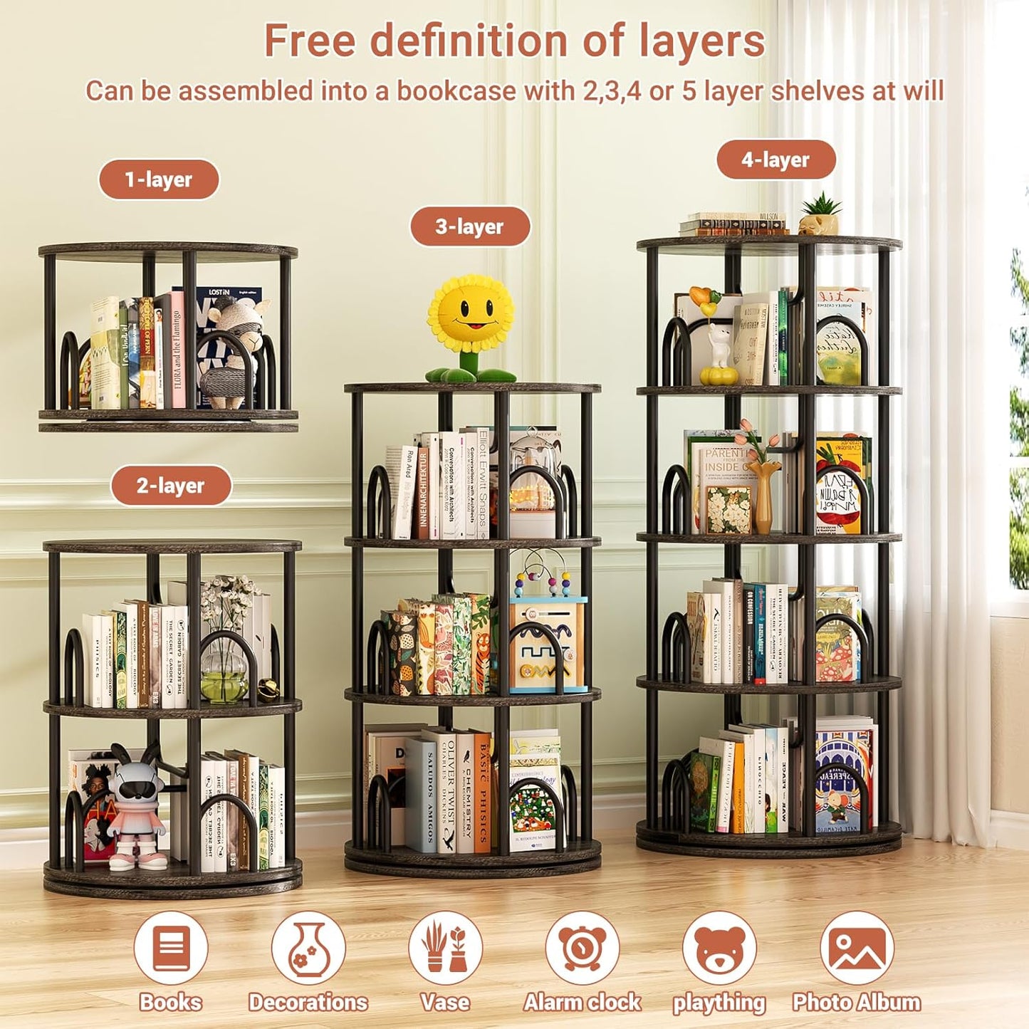 Aheaplus 4 Tier Rotating Bookshelf Tower, 360 Display Spinning Bookcase, Revolving Round Book Shelf Narrow Swivel Bookshelf, Vertical Turning Corner Book Organizer for Small Space, Black Oak