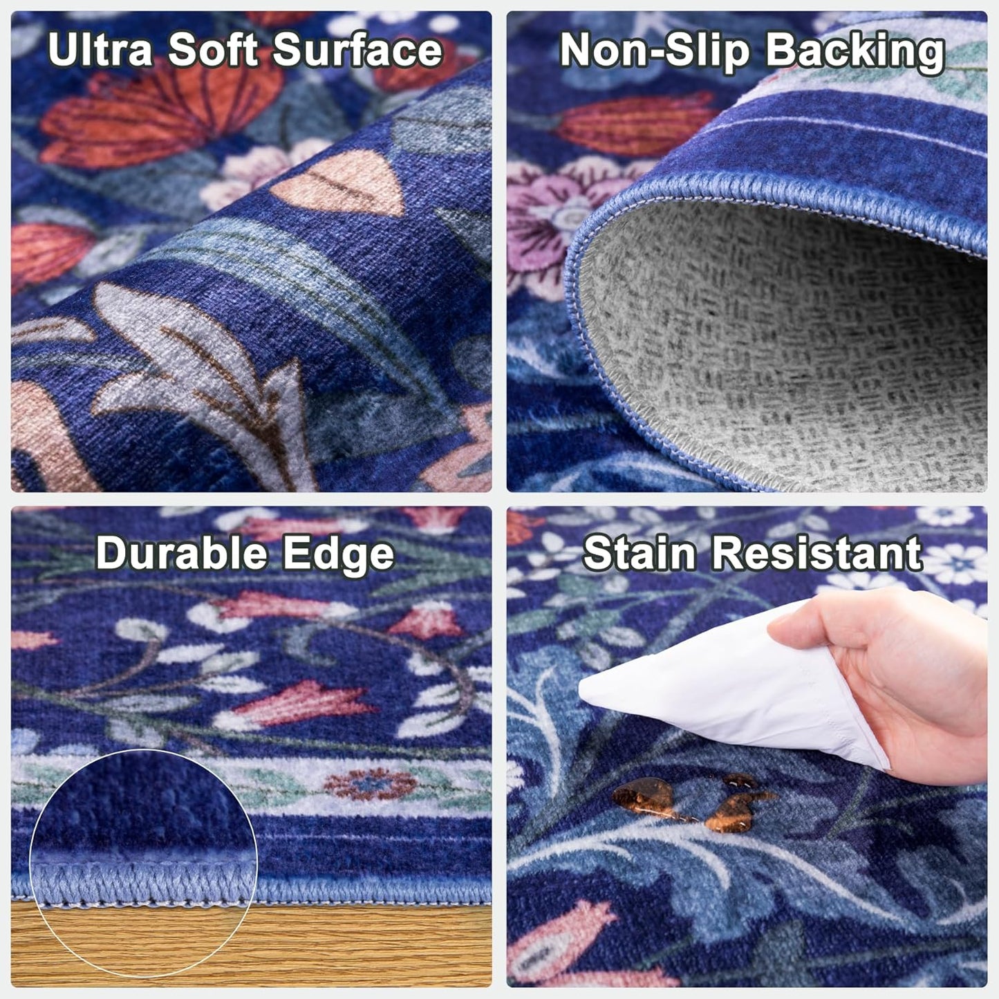 8x10 Area Rugs for Living Room: Floral Washable Rug Vintage Large Soft Boho Non-Slip Carpet Indoor Floor Stain Resistant Carpets for Bedroom Dining Room Farmhouse Nursery Home Office Blue