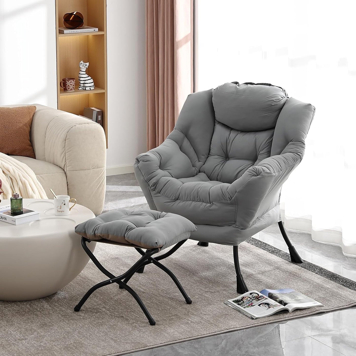 Lazy Chair with Folding Ottoman, Modern Accent Lounge Armchair with Armrests and a Side Pocket & Foldable Footstool, Leisure Reading Chair for Living Room, Bedroom, Dorm & Office, Light Grey