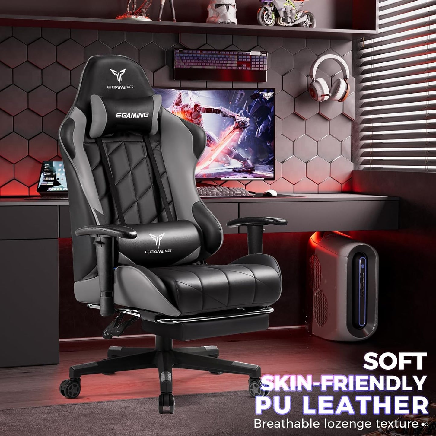 Gaming Chair with 3D Adjustable Armrests, Cow Print Design, Ergonomic Office Chair with High Back, Computer Chair with Footrest,Comfy Diamond Stitching Sest, Game Chair for Adults