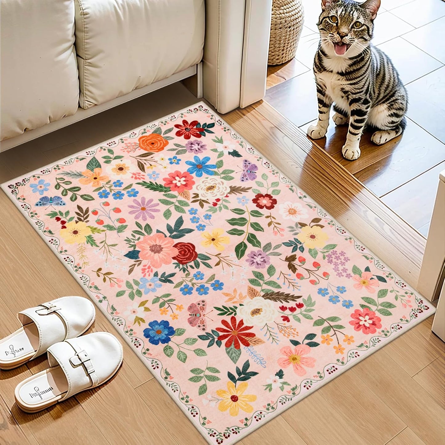 Entryway Rug 2X3 Small Rugs: Floral Washable Door Mat Vintage Soft Low Pile Non-Slip Kitchen Rugs Stain Resistant Indoor Throw Rug for Entrance, Bedroom, Kitchen, Laundry, Bathroom Beige