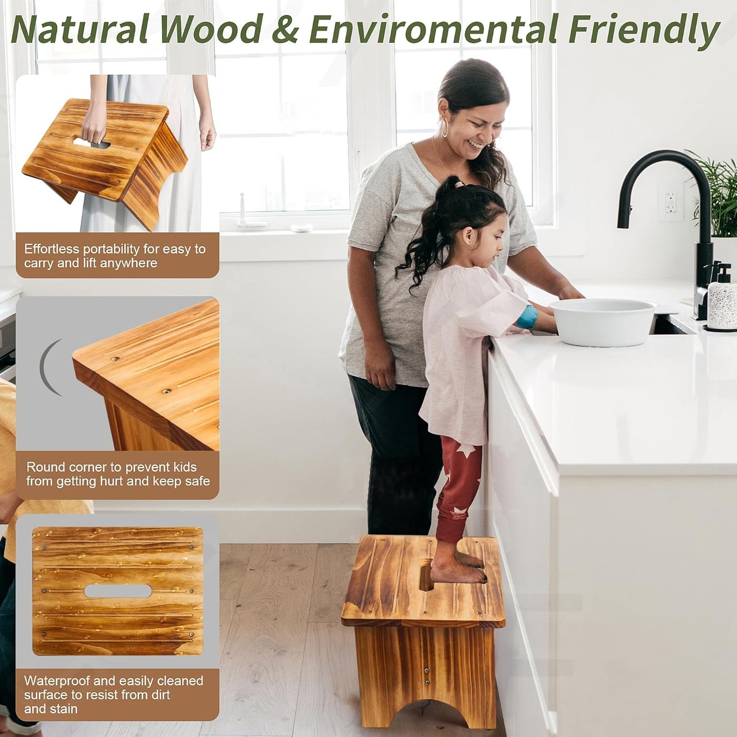 Wooden Step Stool for Adults, 6.5" Portable Wood Step Stool for Kids, Heavy Duty One Step Bedside Stool with 550 Lbs Load Capacity, Non-Slip White Foot Stool for Kitchen Bathroom Bedroom