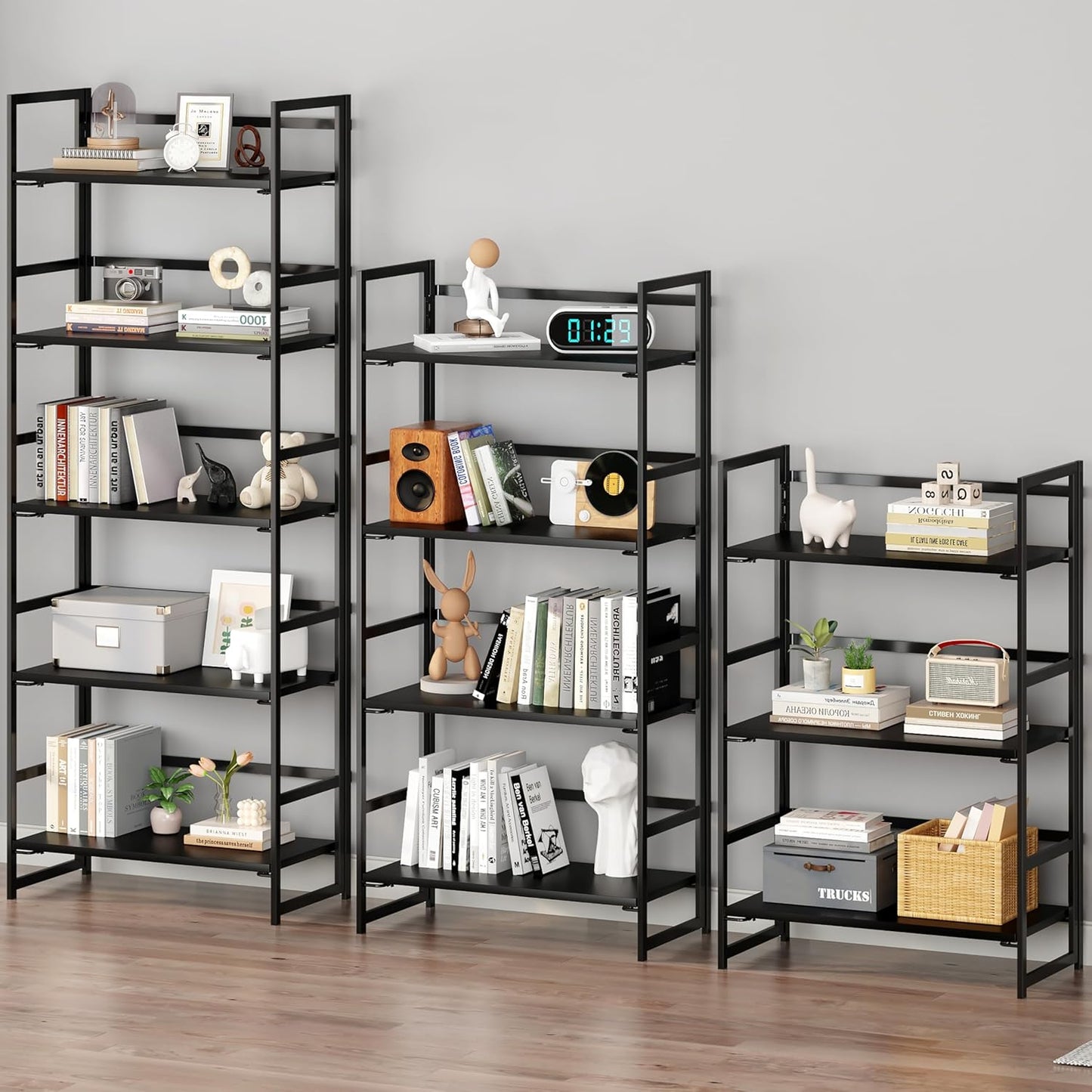 BHG Vintage Multifunctional Folding Bookshelf, No-Assembly Plant Stand Storage Rack Shelves for Home Office (All Black, 4-Tier)