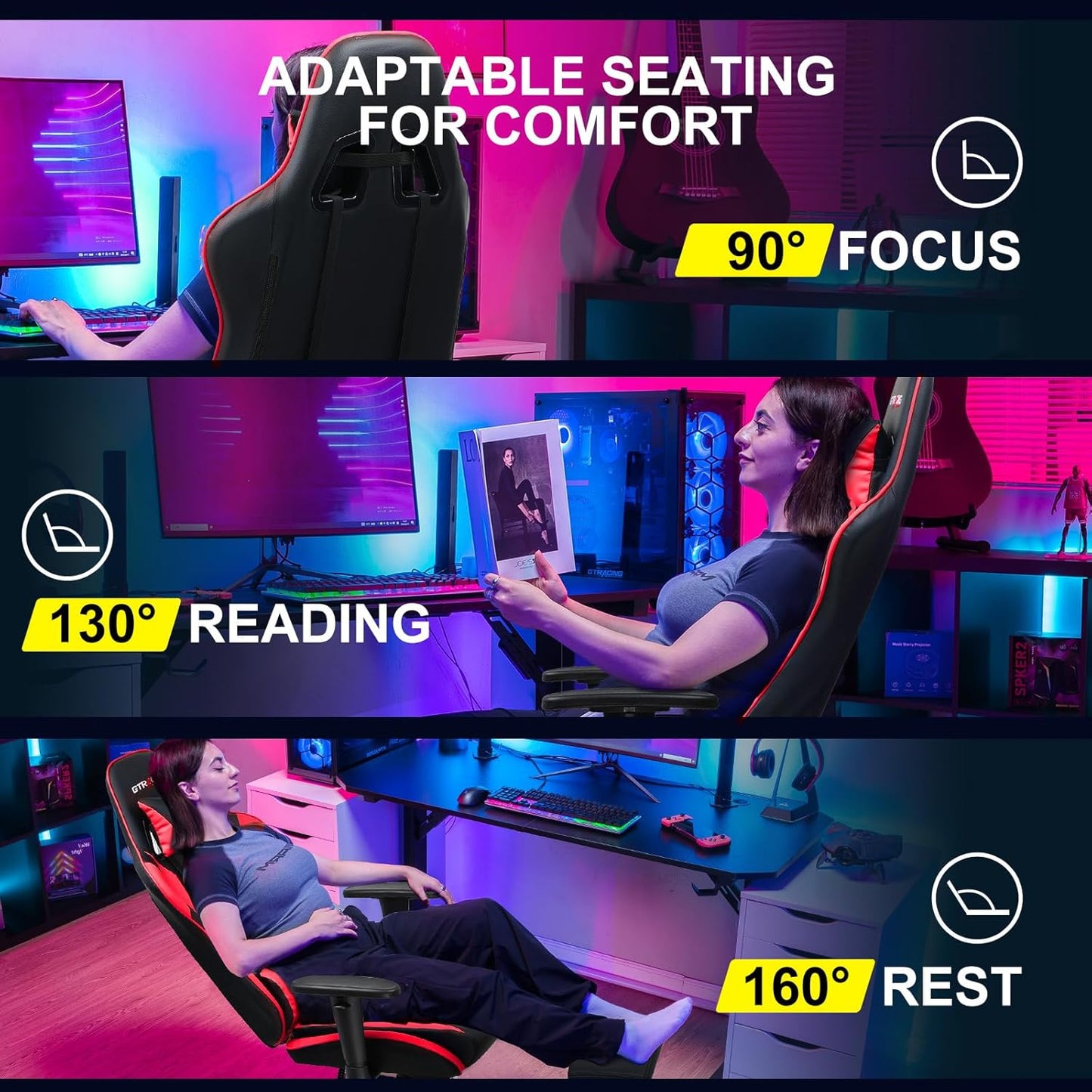 GTRACING Gaming Chair with Footrest, Ergonomic Computer Game Desk Chair, Reclining Gamer Chair Seat Height Adjustment, Swivel Rocker with Headrest and Lumbar (Brickred)