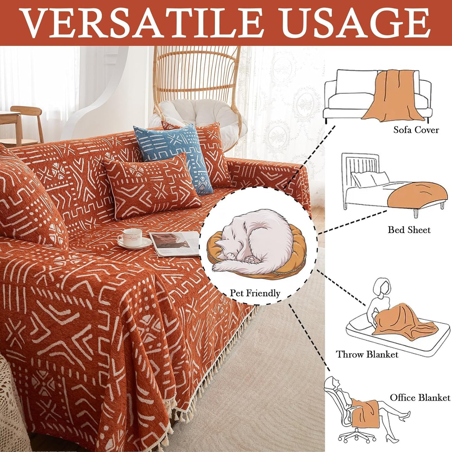 HANDONTIME Boho Aztec Sofa Slipcover for Sofa/Couch Farmhouse Geometric Couch Protector for Dogs with Tassel Brick Orange Couch Covers Sofa Cover for Dogs Cats Kids Bohemian Sofa Décor, 71" X150"