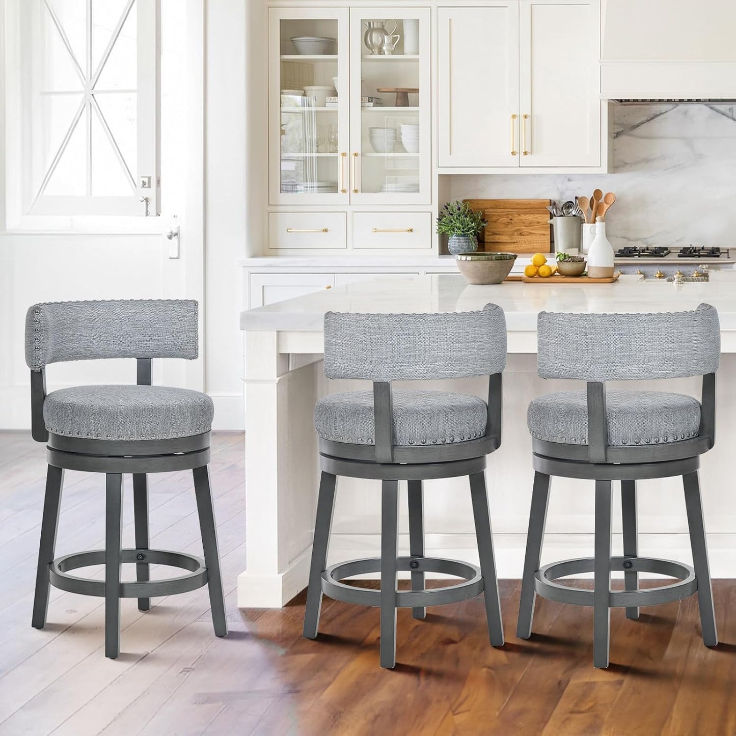 COLAMY Swivel Counter Height Bar Stools Set of 3, 25 Inch Modern Upholstered Kitchen Island Barstools with Back, Wood Swivel Bar Chairs for Counter Bar Dining Room, Grey