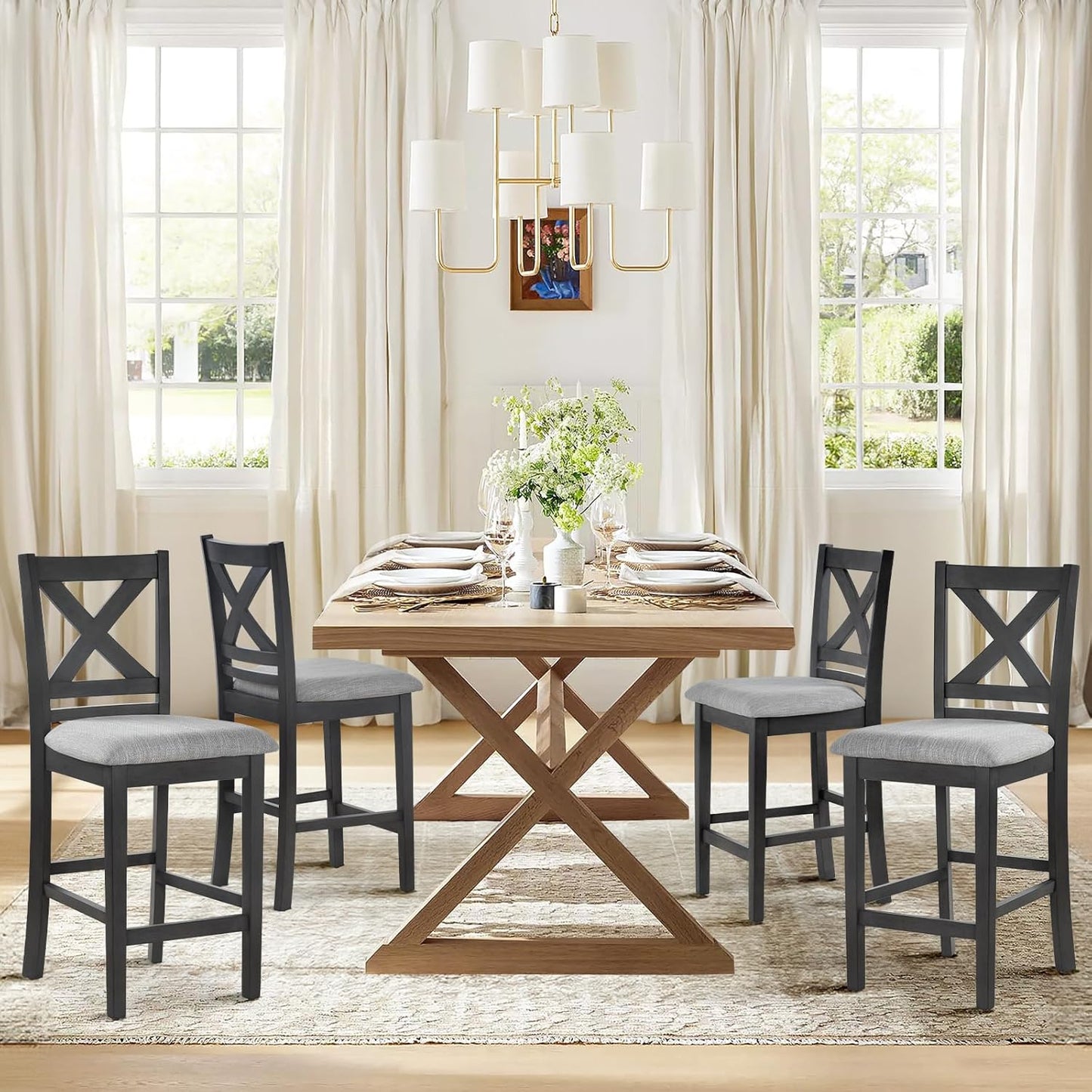 COLAMY Wooden Bar Stools Set of 4, Counter Height Bar Stools, Mid Century Modern Bar Stools with Backs, 25 Inch Upholstered Fabric Wooden Barstools for Kitchen Island Dining Room Bar, Dark Grey