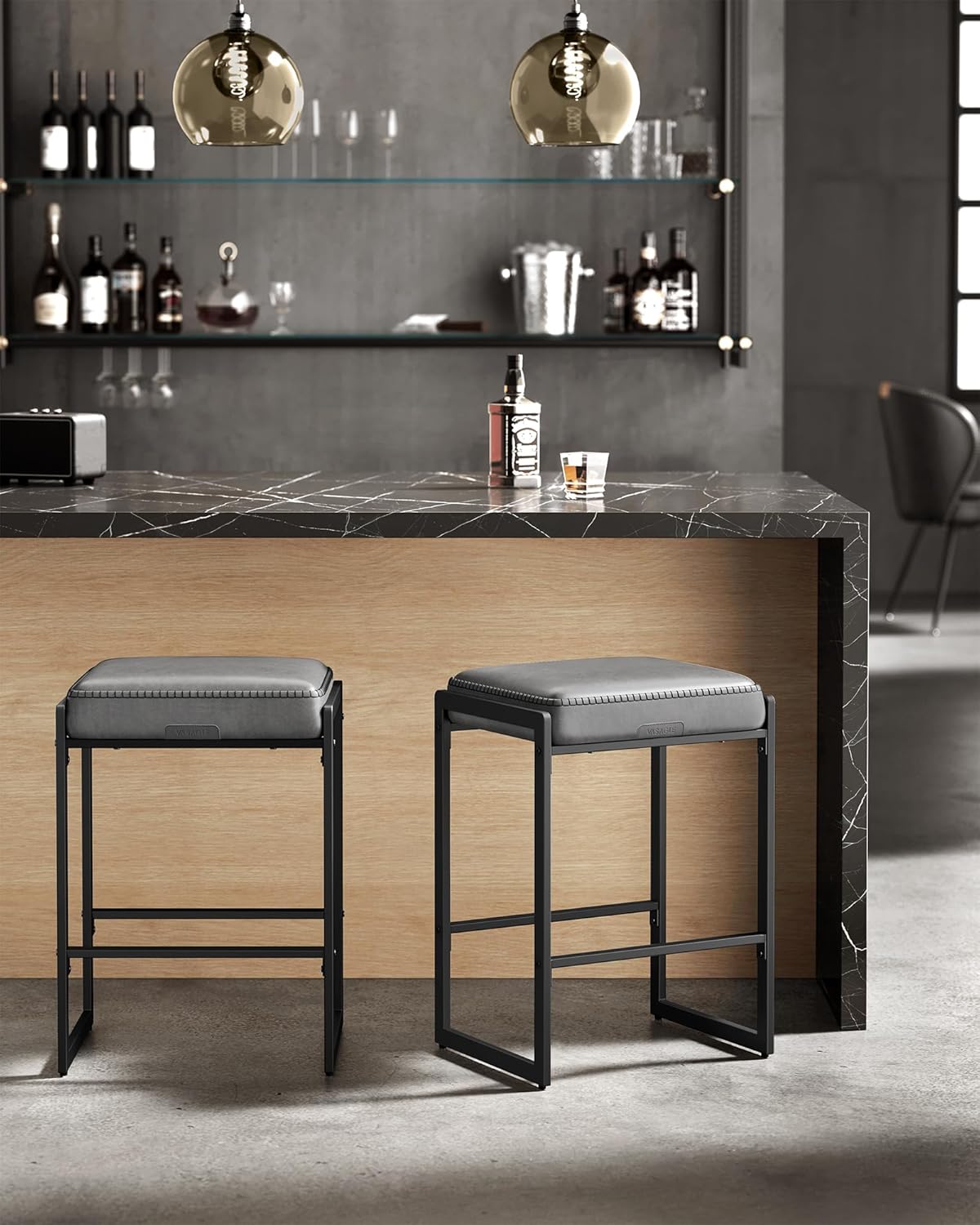 VASAGLE EKHO Collection - Bar Stools Set of 2, Counter Height Bar Stools, Synthetic Leather with Stitching, Mid-Century Modern Counter Stools, 26-Inch Tall, Kichen Home Bar Dining Room, Dove Gray