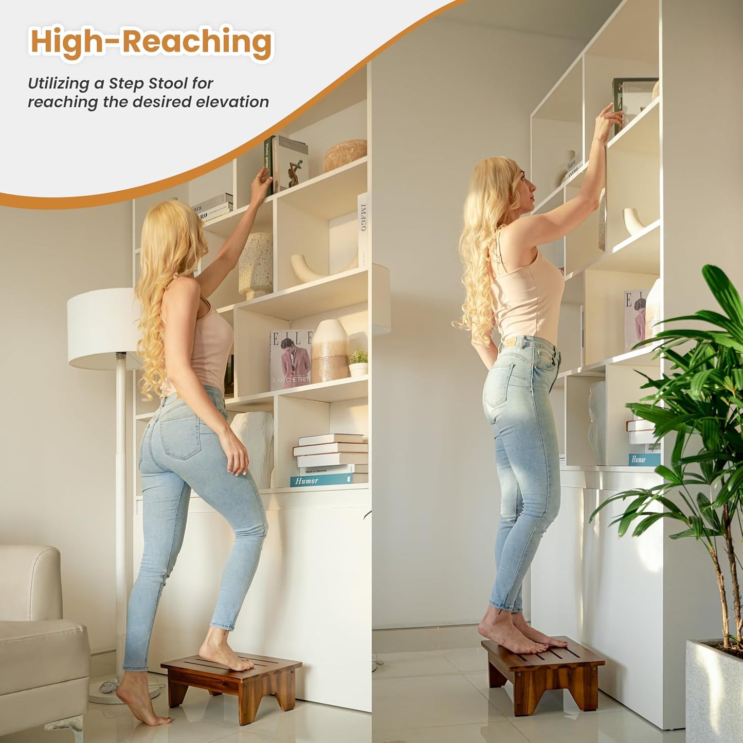 Holana 6" Acacia Wood One Step Stool for Adults - 300 Lbs Wooden Step Stools Heavy Duty for High Bed Riser, Bathroom, Bedroom - Small Stepping Stool for Elderly, Seniors, Kids, Handicap Use Indoor