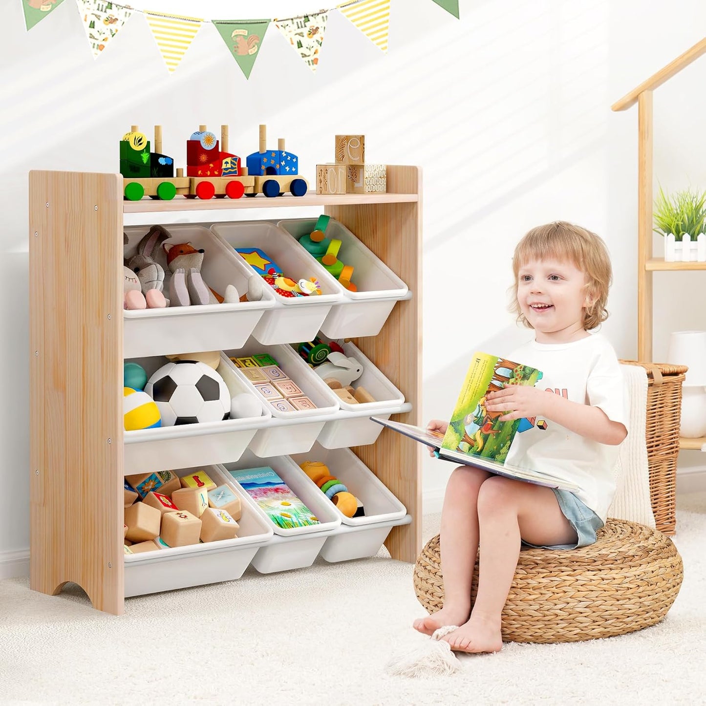 MallBest 4-Tier Kids' Toy Storage Organizer Shelf - 100% Solid Wood,Children's Storage Cabinet with 9 Plastic Bins