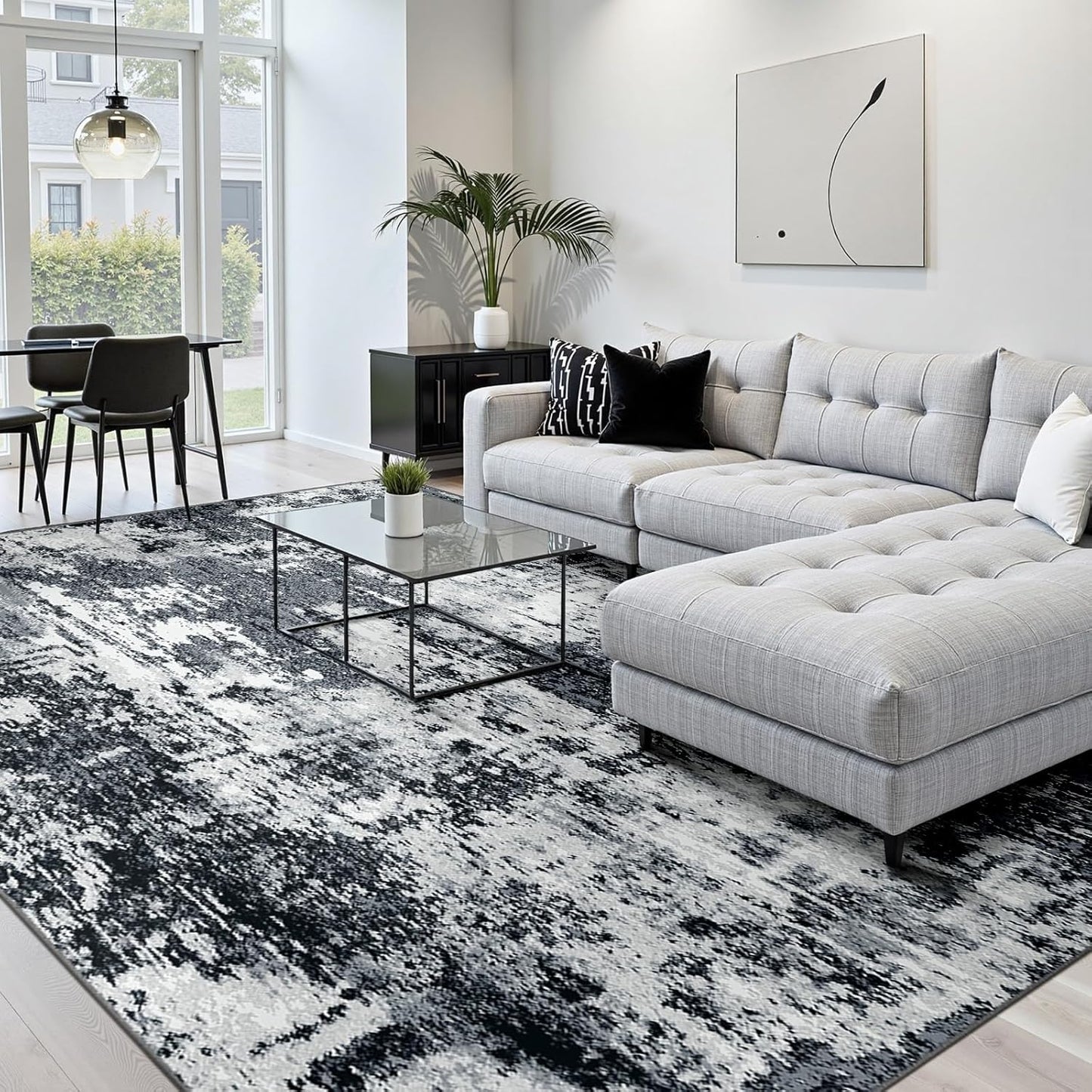 Washable Area Rugs 6'x9' Non-Slip Modern Abstract Soft for Living Room Entryway Bedroom Nursery, Print Pattern, Black Gray