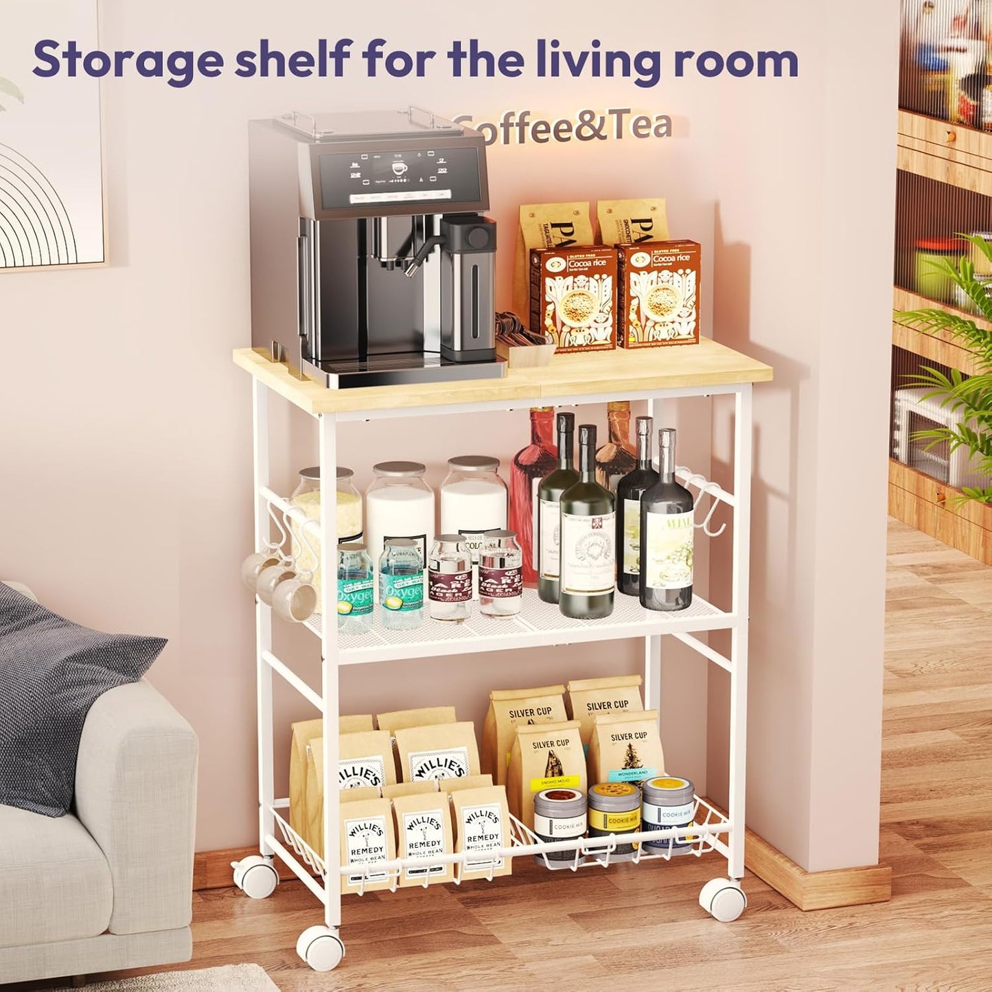 SWTYMIKI Rolling Kitchen Microwave Cart - 3 Tier Microwave Table Stand with Storage Basket and Hooks, Kitchen Utility Cart on Wheels, Coffee Cart Shelf Rack Organizer for Living Room Office, Balcony