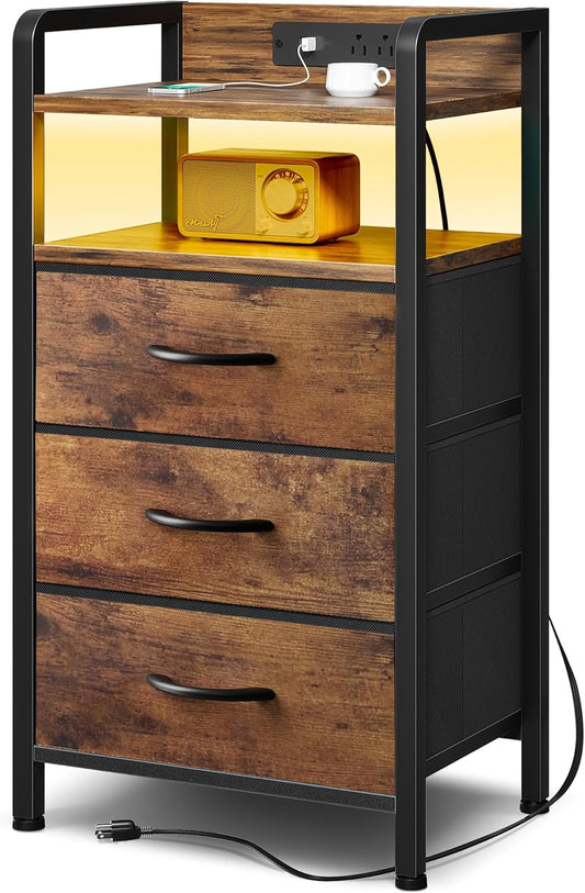 Night Stand Bedside Table Bedroom - Nightstand with Charging Station & LED Light Strip, Bed Side End Table with Storage Shelf & 3 Fabric Drawers, U-S-B Ports & AC Outlets, Rustic Brown