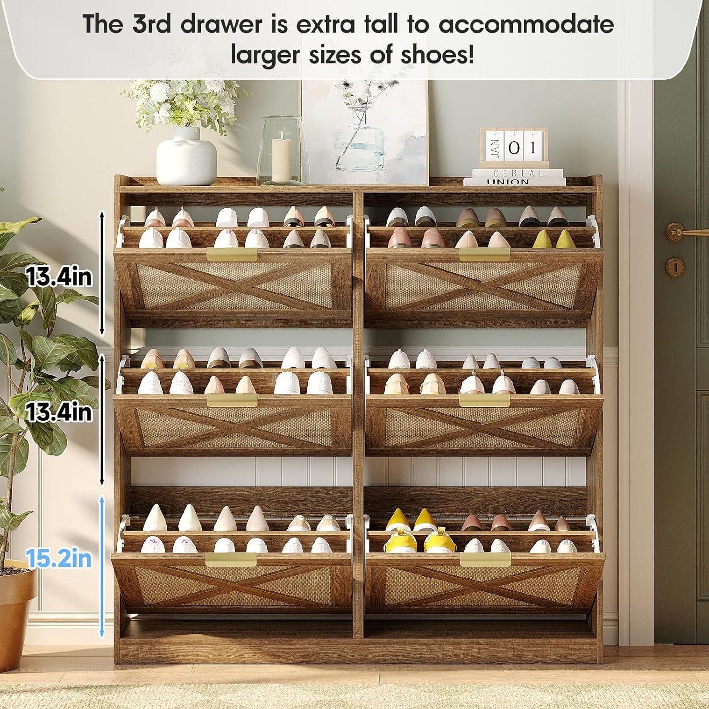 Maupvit Large Shoe Storage Cabinet with 6 Rattan Flip Drawers, Freestanding Organizer with Metal Legs for Entryway, Narrow Shoe Rack Cabinet, Hidden Golden Handles, Rustic Oak Rattan