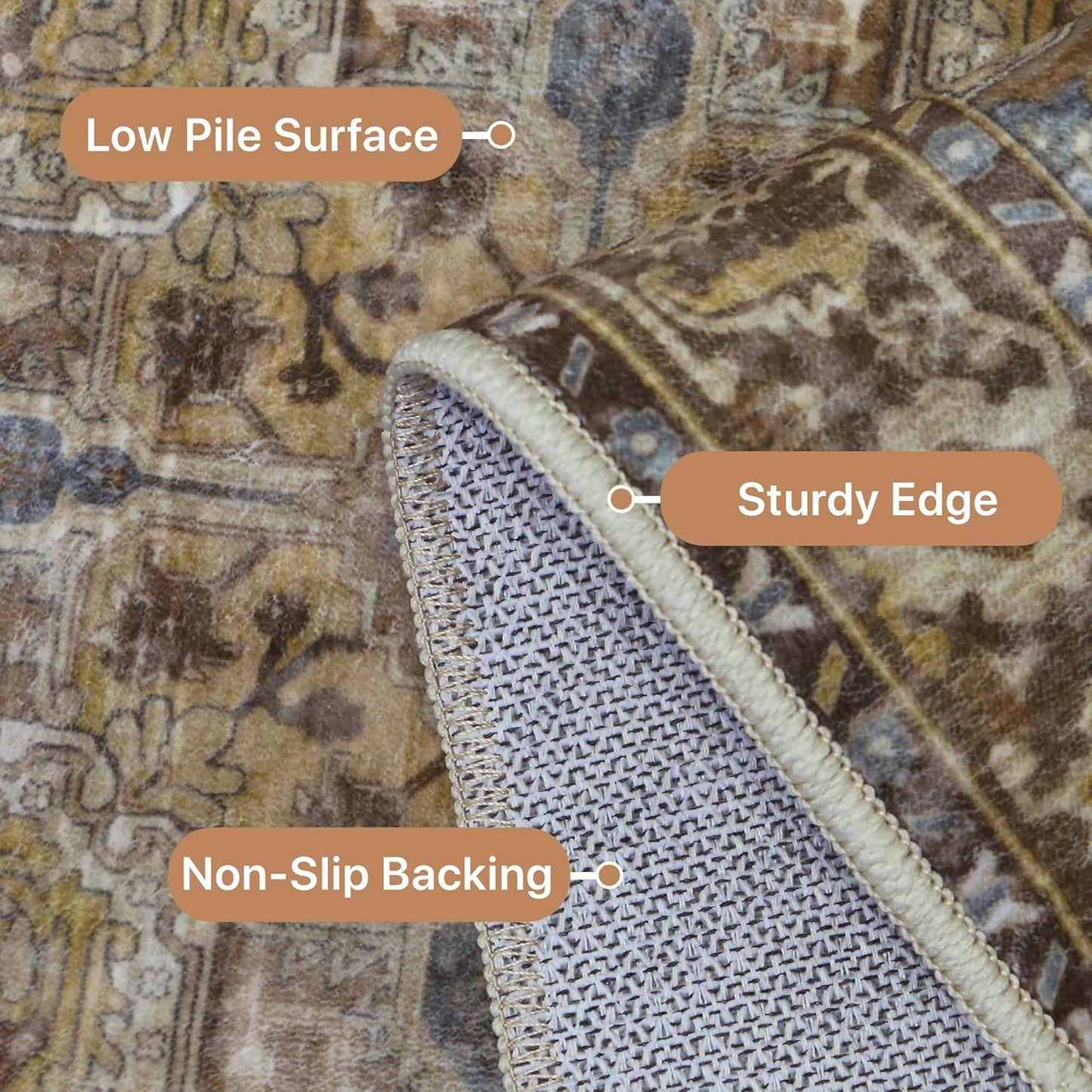 GENIMO 5x7 Area Rugs for Living Room, Machine Washable Non Slip Vintage Rugs, Low Pile Lightweight Chenille Print Rug for Bedroom, Dining Room, Home Office,Rustic Brown