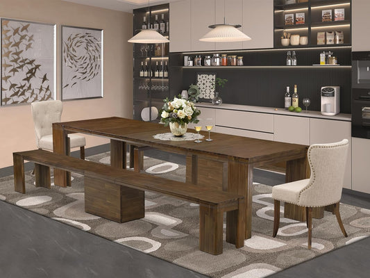 X02SI-208-04 - 5 Pieces Modern Dining Table Set includes an Extendable Rectangle Kitchen Table, 2 Dining Chairs and 2 Modern Benches, 39x120 Inch, Antique Walnut