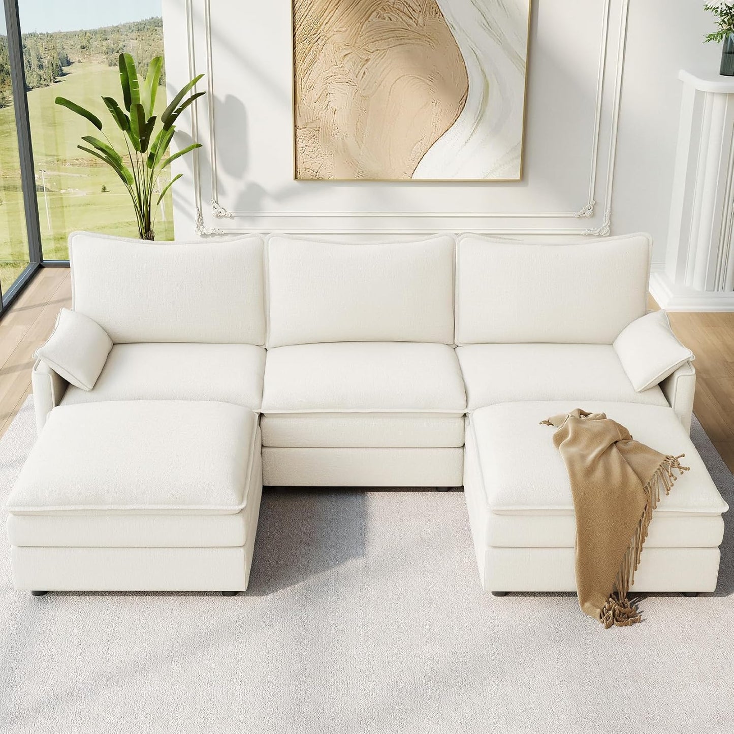 Vesgantti 108" U Shaped Sectional Couch, Comfy Cloud Modular Sectional Sofa with 2 Ottoman Deep Seat Chenille Modern Cloud Sofa, Modular Sofas for Living Room, Bedroom and Apartment, Snow White