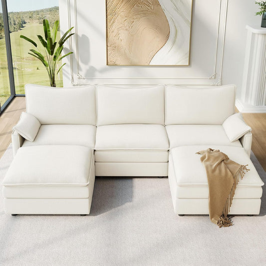 Vesgantti 108" U Shaped Sectional Couch, Comfy Cloud Modular Sectional Sofa with 2 Ottoman Deep Seat Chenille Modern Cloud Sofa, Modular Sofas for Living Room, Bedroom and Apartment, Snow White