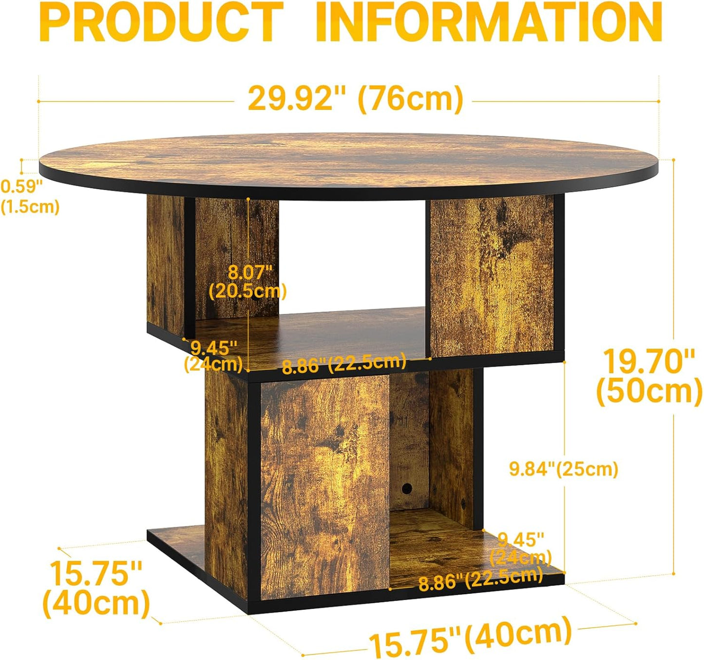 Elephance Round Coffee Table with Storage,3-Tier Coffee Table for Living Room,Wooden Tabletop-Caramel Brown with Black Frame