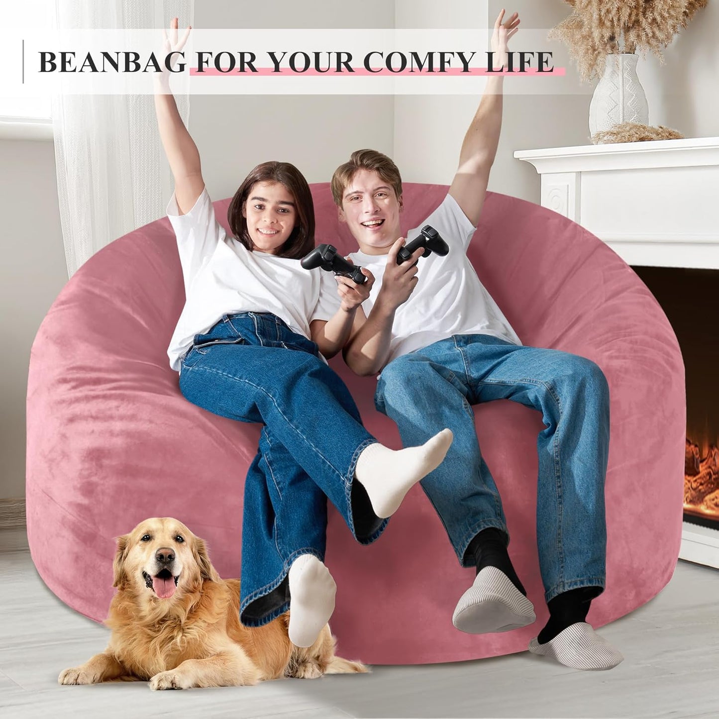 Homguava 5 FT Bean Bag Chair: 5' Bean Bags with Memory Foam Filled, Large Beanbag Chairs Soft Sofa with Dutch Velvet Cover-Dusty Pink