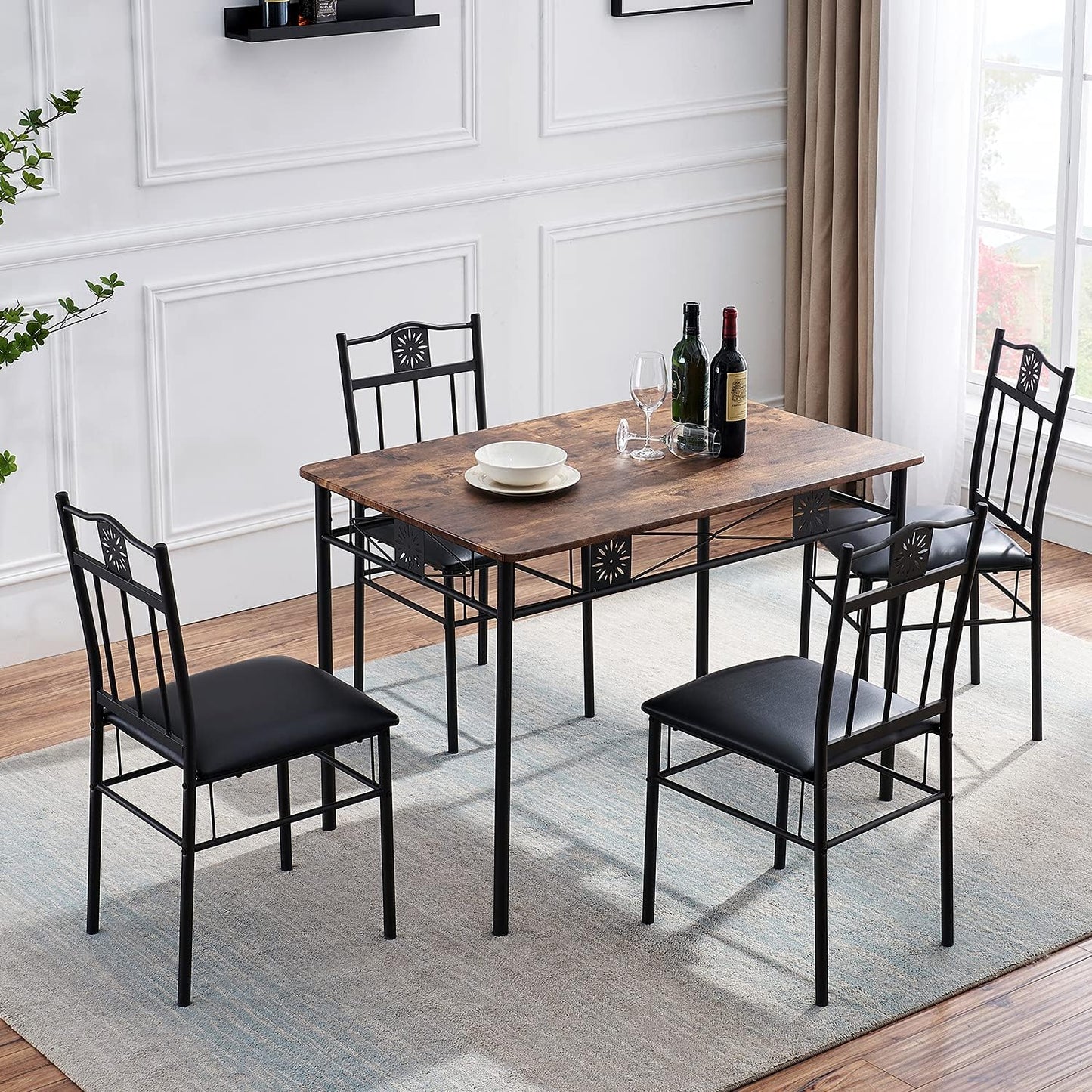 VECELO Kitchen Dining Room Table Sets for 4, 5 Piece Metal and Wood Rectangular Breakfast Nook, Dinette with Chairs, Retro-Brown