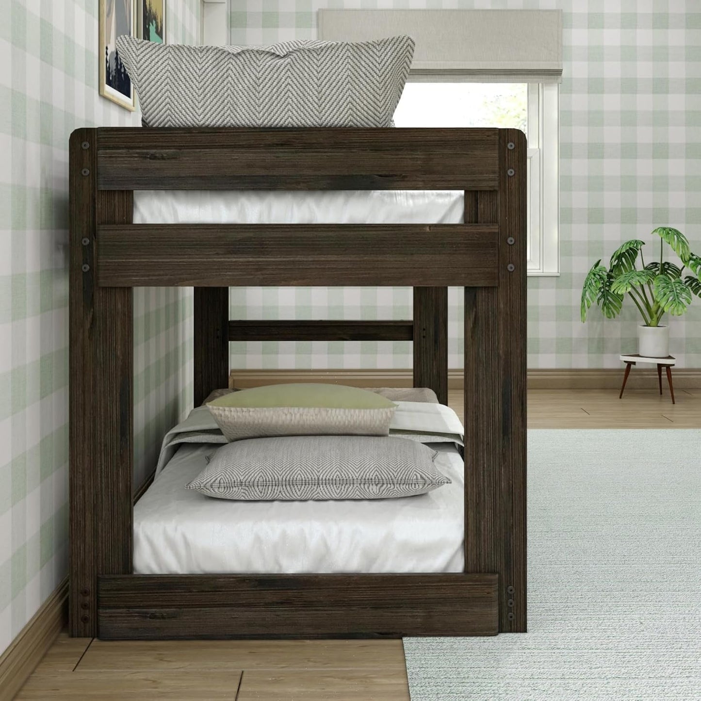 Max & Lily Modern Farmhouse Low Bunk Bed, Twin-Over-Twin Bed Frame For Kids, Barnwood Brown