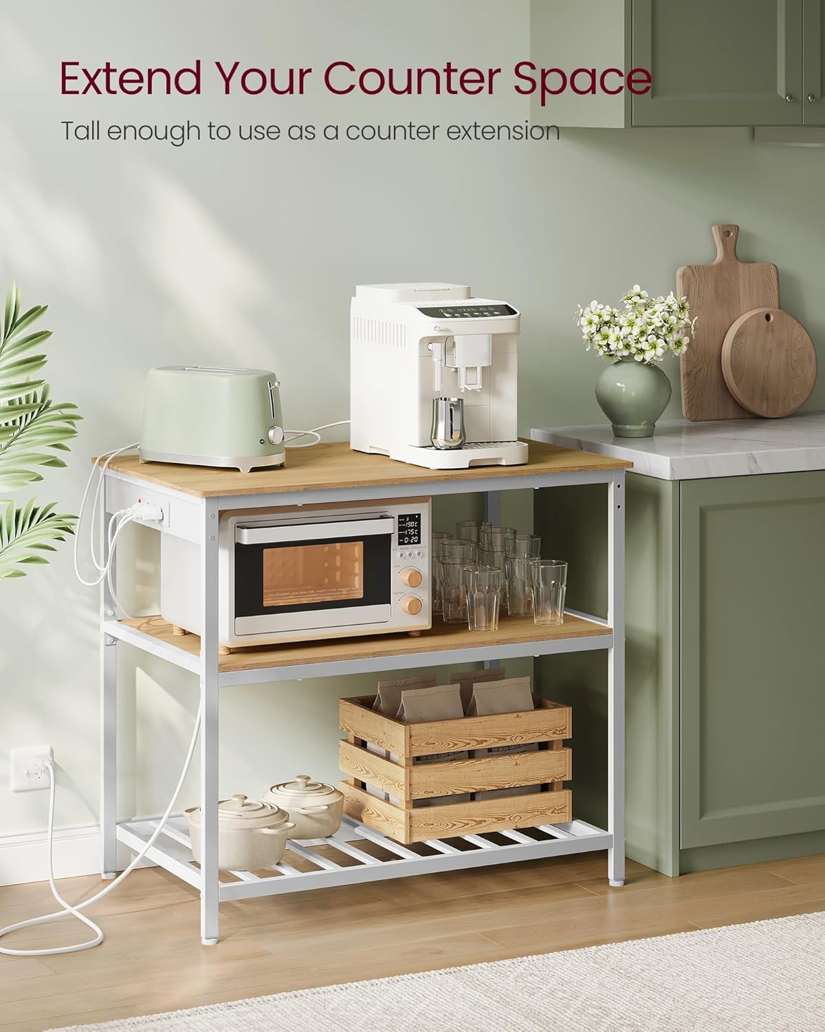 VASAGLE Kitchen Island with 3 Shelves, 39.4 Inches Width Kitchen Shelf with Power Strip, Large Worktop, Stable Steel Structure, Industrial, Easy to Assemble, Golden Oak and White UKKI105Y01