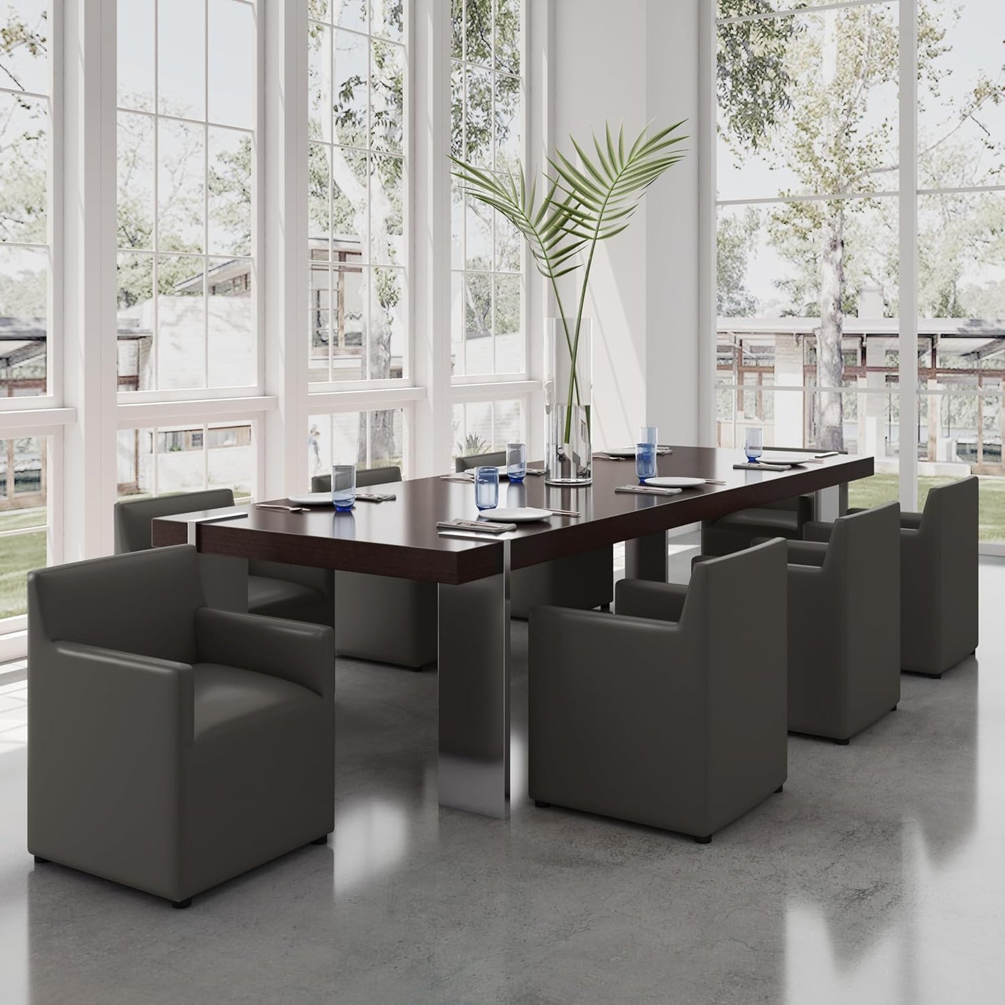 Manhattan Comfort Anna Square Modern Dining Chair with Arms, Head-to-Toe Faux Leather Upholstered Accent Armchair with Plastic Foot Padding, Set of 1, Pewter