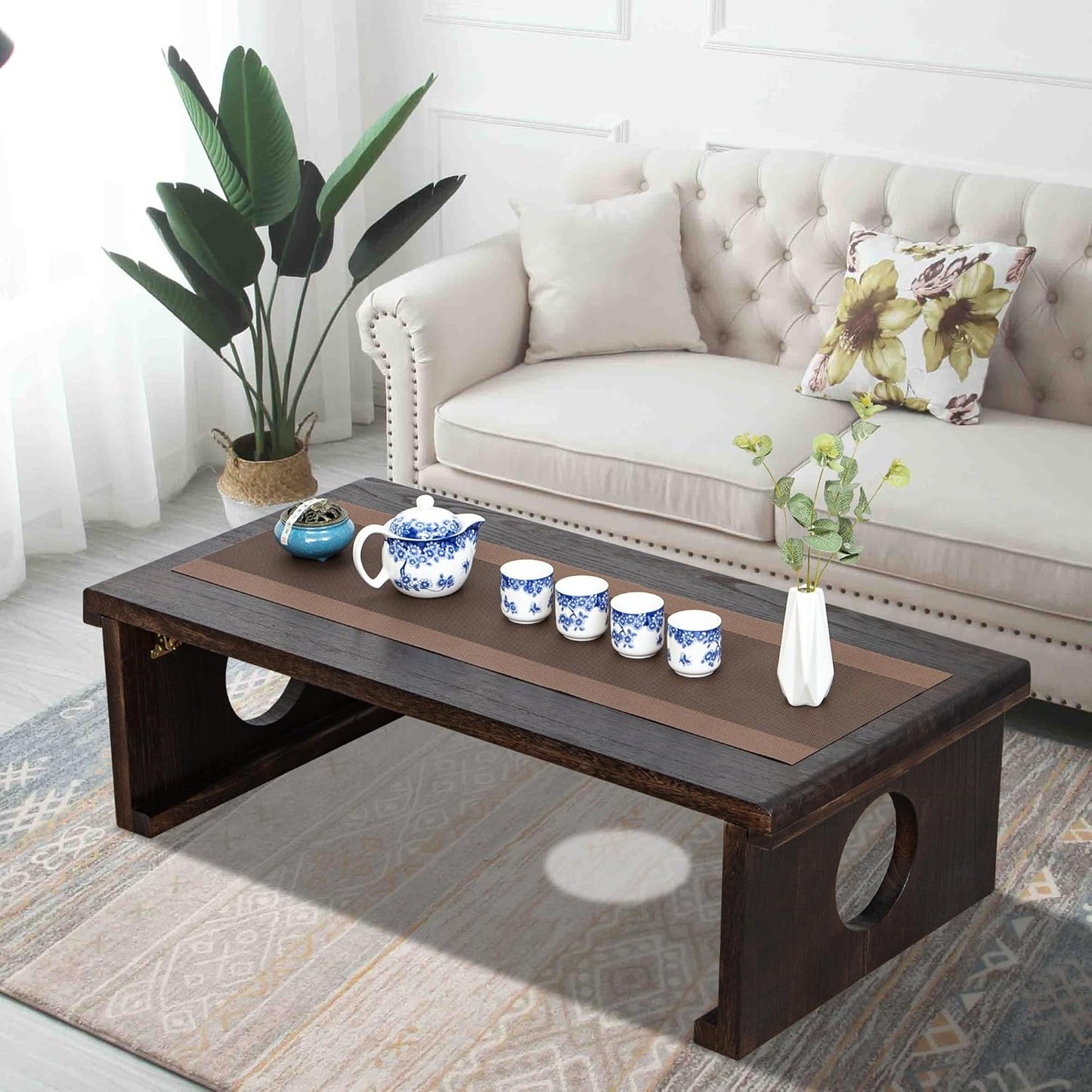 Foldable Japanese Coffee Table，Folding Japanese Floor Table，Natural Brown Coffee Table, Minimalist Tatami Table, Suitable for Living Room,Dining Room, Etc. (Antique Black, 39.4″x19.7″x11.8″)