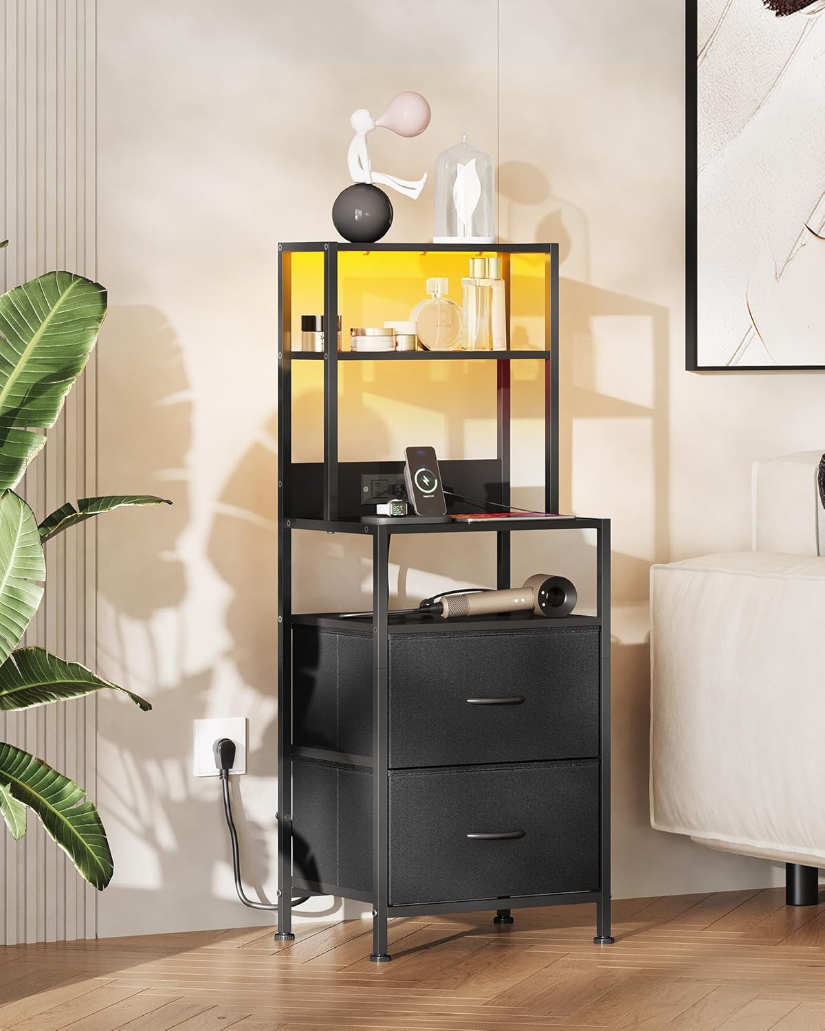 WLIVE Nightstand Set of 2 with Charging Station, LED Night Stand Sets with 2 Drawers and 4 Storage Open Shelves, Fabric Dressers for Bedroom, Black