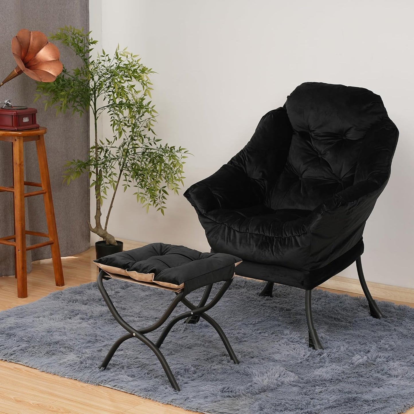 Lazy Chair with Folding Ottoman,Living Room Chairs, Accent Contemporary Lounge Chair, Single Steel Frame Leisure Sofa Chair with Armrests and A Side Pocket (Black)