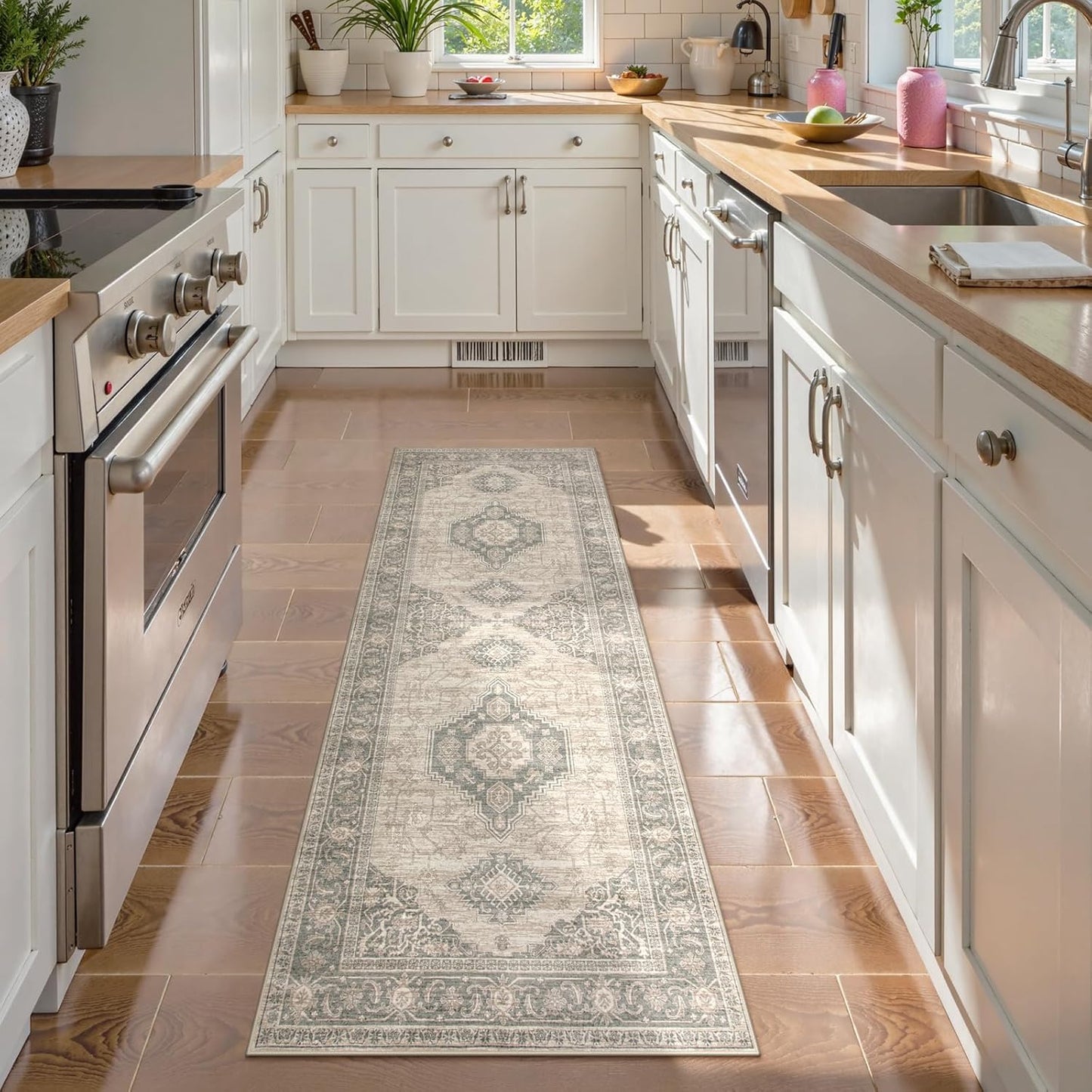 Lahome Oriental Kitchen Runner Rug Non Slip, 2x5 Washable Hallway Runner with Rubber Backing, Vintage Hallway Rug Ultra-Thin Soft Carpet for Bedroom Bathroom, Grey/Brown