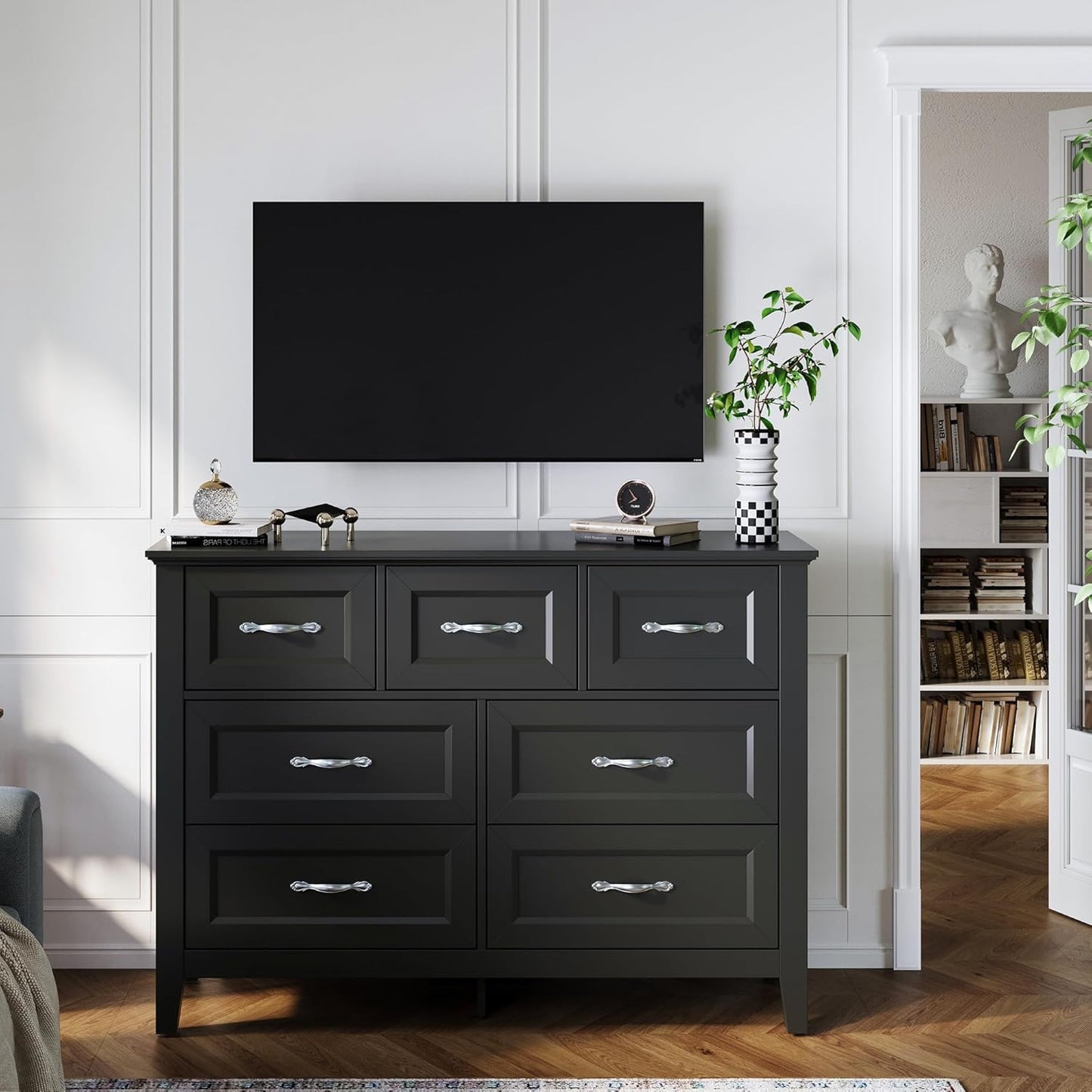 LINSY HOME 7 Drawers Dresser for Bedroom, 47" Wide Wooden Storage Chest with Antique Handles, Modern Farmhouse Dresser TV Stand with Wood Legs for Closet, Living Room, Hallway, Black