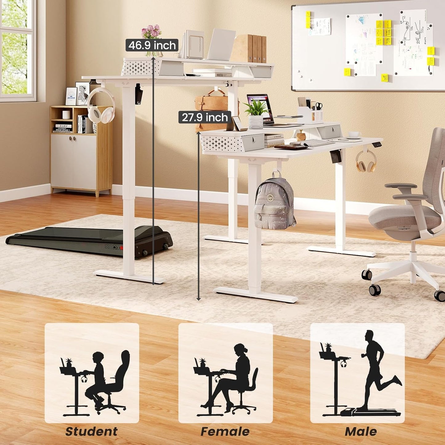 Standing Desk with Drawers and Brushless Motor,Electric Height Adjustable Desk for Walking Pad,Ergonomic Stand Up Desk for Home Office & Gaming,3 Memory Height Preset & Hooks(55" x 24",White)