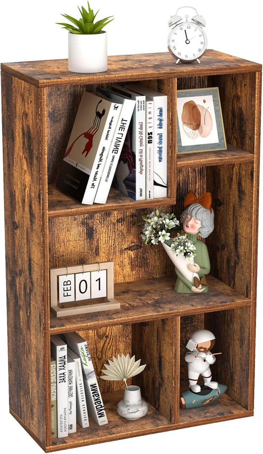 VECELO 5 Cube Modern Bookcases, 3 Tier Bookshelves, 31 Inch High Cubby Storage Organizer, Shelf Hight Up to 12.8 Inches Suit for Most Books, Vertical or Horizontal Use Available,Rustic Brown