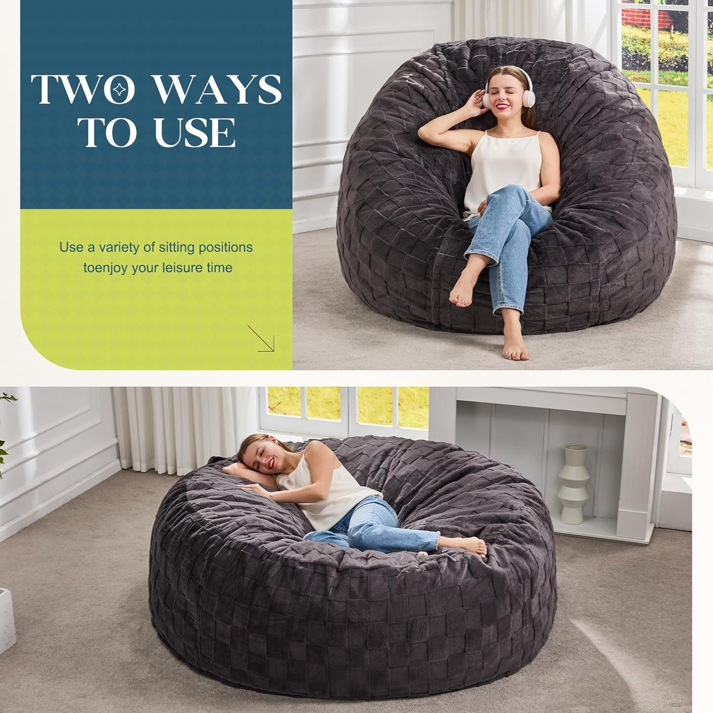 Hobestluk Bean Bag Chairs Beanbag Chair with Filler Adult Bean Bags with Fluffy Cover, Giant Bean Bag Chairs for Adults for Living Room, Bedroom (Dark Grey, 6FT - 70" x 70" x 15")