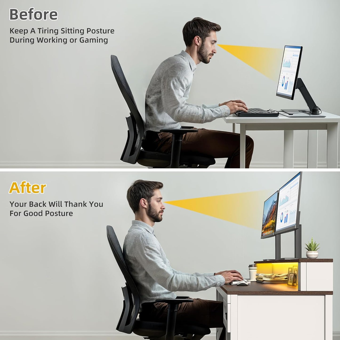 DWVO Farmhouse Office Desk with Drawer & Power Outlets, Wood Computer Desk w/LED Strip & Monitor Stand for Bedchamber Study, Home Office Table with Storage Cabinet for Working Writing Gaming (White)