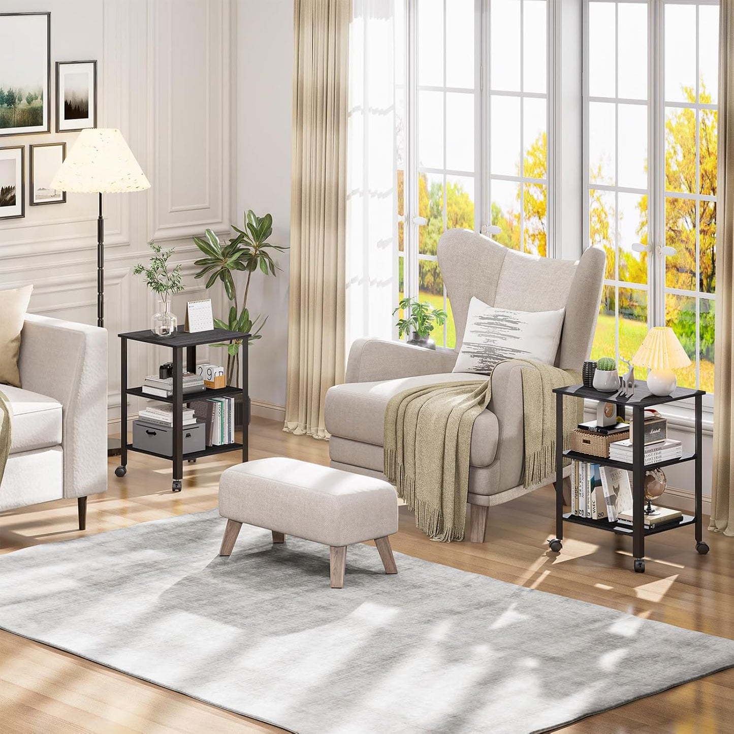 Side Table, End Table with Wheels, Printer Stand with 3-Tier Storage, Bedside Table, Bedroom, Office, Kitchen, Metal Frame, Easy Assembly -Grey