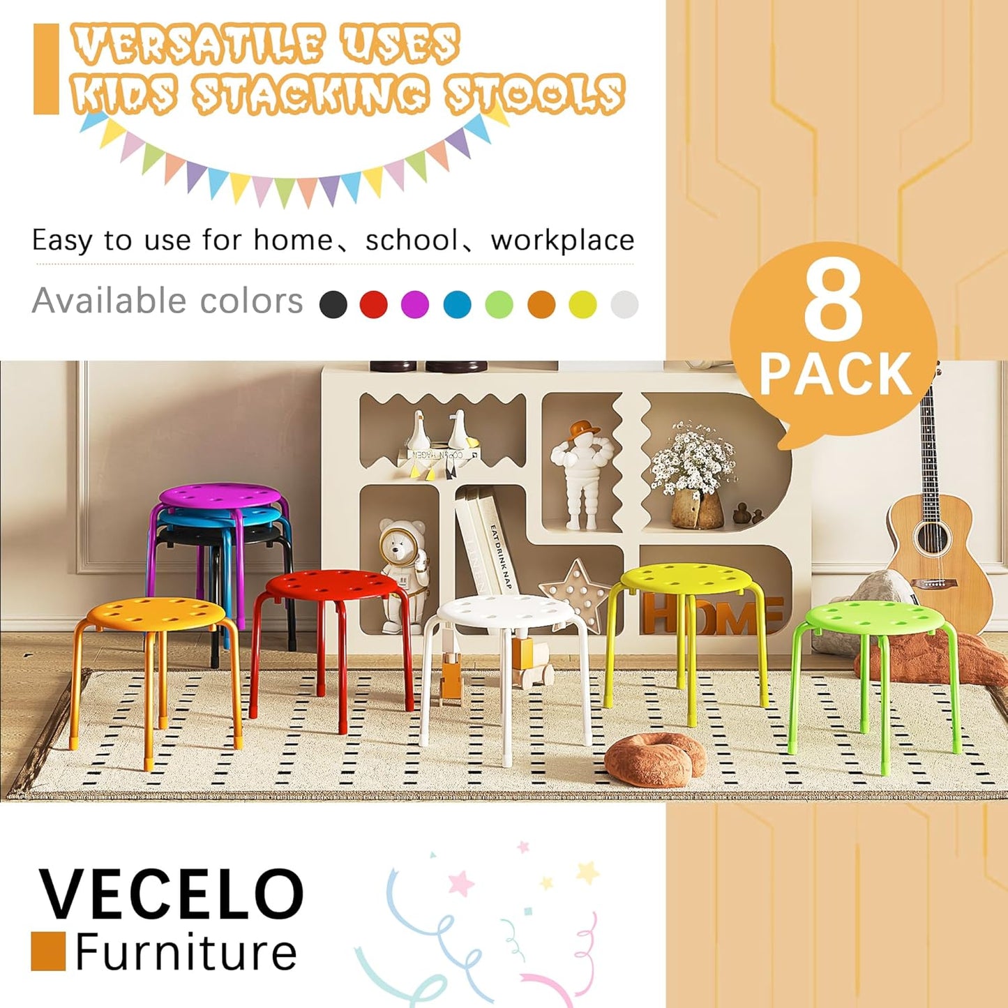 VECELO Stackable Stools for Classroom, 12" Height Plastic Portable Stacking Stool Chairs with Non-Slip Foot Mats for School Daycare Kindergarten Living Room (8 Pack)