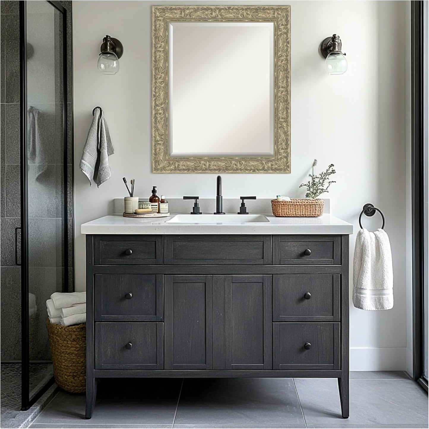 Amanti Art Silver Bathroom Mirror for Over Sink, 29x35 Luxe Antique Silver Rectangle Vanity Mirror, Large Traditional Frame, Hangs Horizonally and Vertically, Bathroom Wall Decor, Beveled Edge