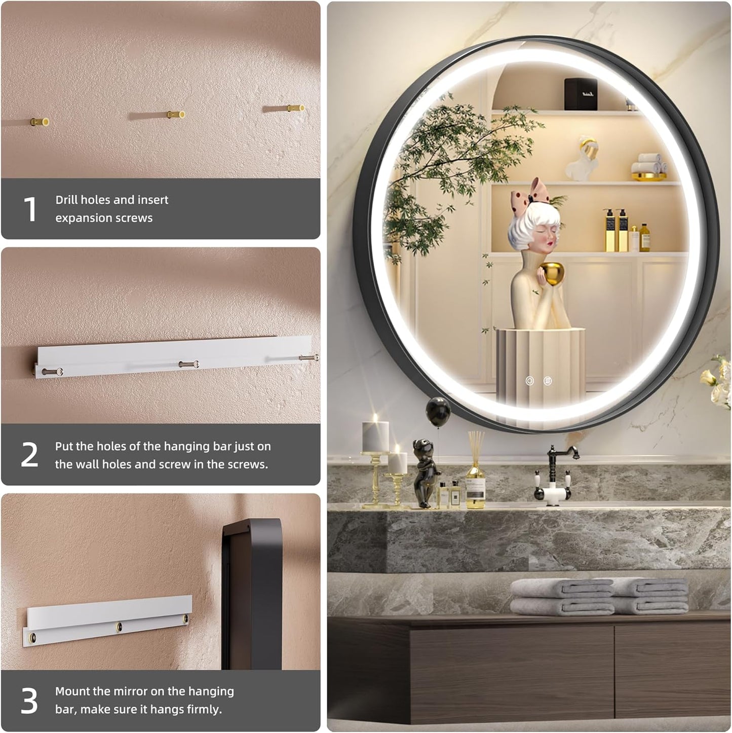 Hasipu 28 Inch Round LED Mirror for Bathroom with Lights, Black Circle Vanity Mirror for Wall, Metal Framed Frontlit Bathroom Mirrors Anti-Fog, Dimmable, 3 Colors Makeup Mirror Wall Mounted