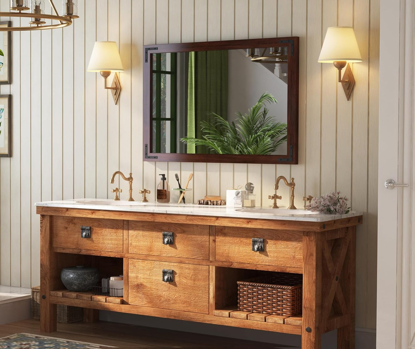 VocalStar Rustic Wood Framed Mirror 28 x 40 Inch, Natural Dark Brown Wooden Rectangle Bathroom Vanity Wall Mirror for Farmhouse Boho Decor, 1/4-inch Shatterproof Glass | Waterproof