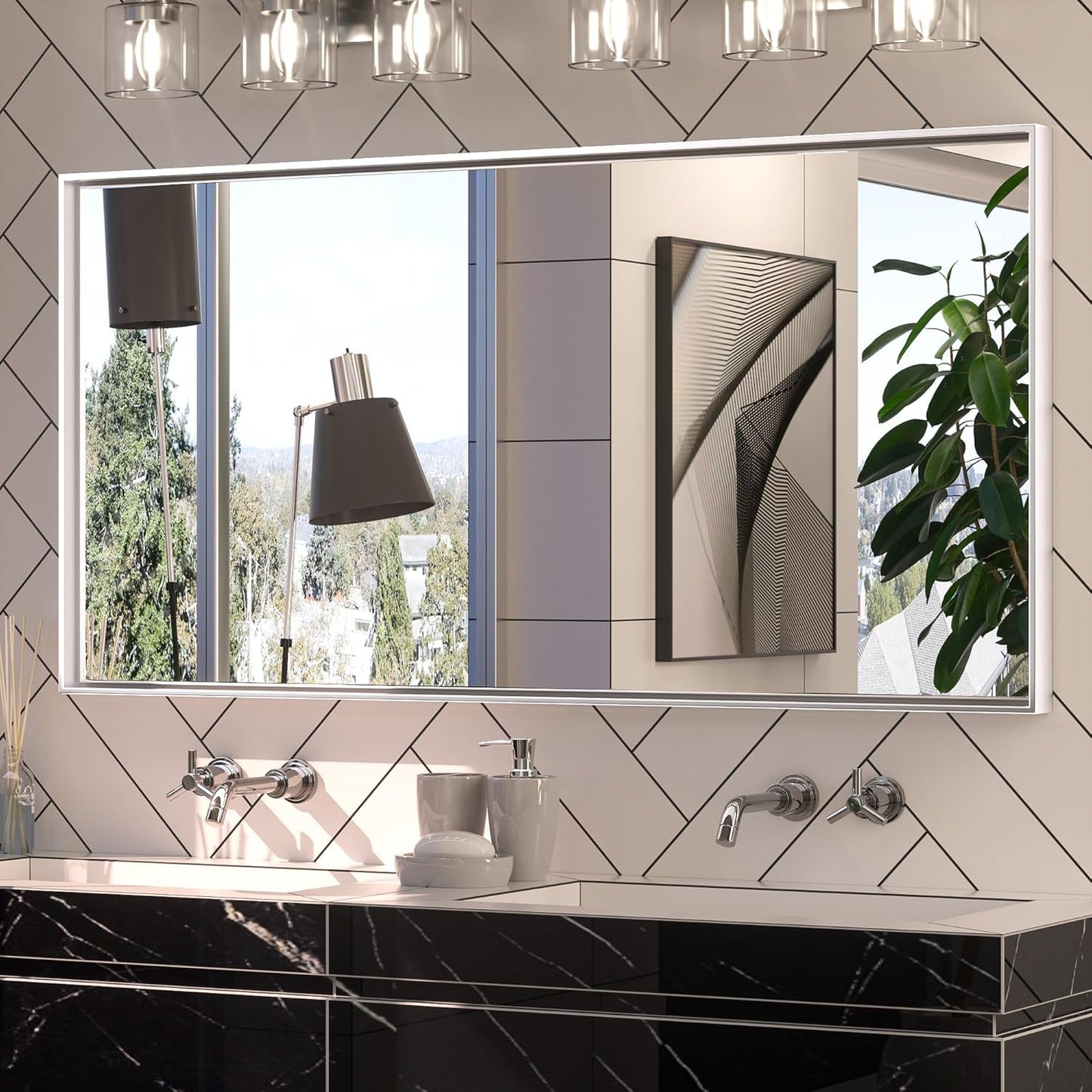 Keonjinn 48 x 24 in Brushed Silver Bathroom Vanity Mirror Rectangular Metal Framed Mirror for Wall Modern Farmhouse Rectangle Mirror Decorative Silver Mirror for Bathroom Sink(Horizontal/Vertical)