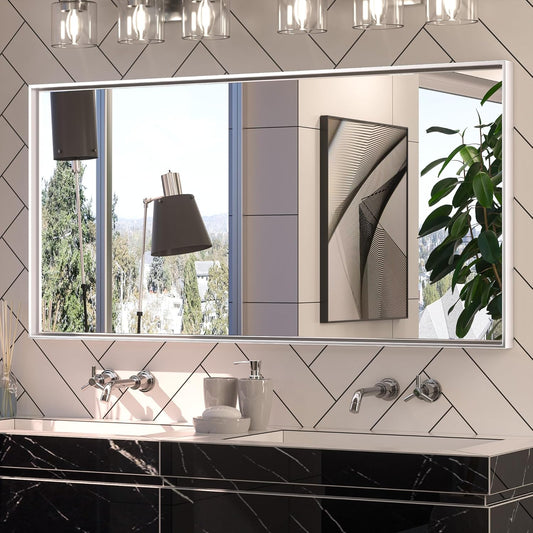 Keonjinn 48 x 24 in Brushed Silver Bathroom Vanity Mirror Rectangular Metal Framed Mirror for Wall Modern Farmhouse Rectangle Mirror Decorative Silver Mirror for Bathroom Sink(Horizontal/Vertical)