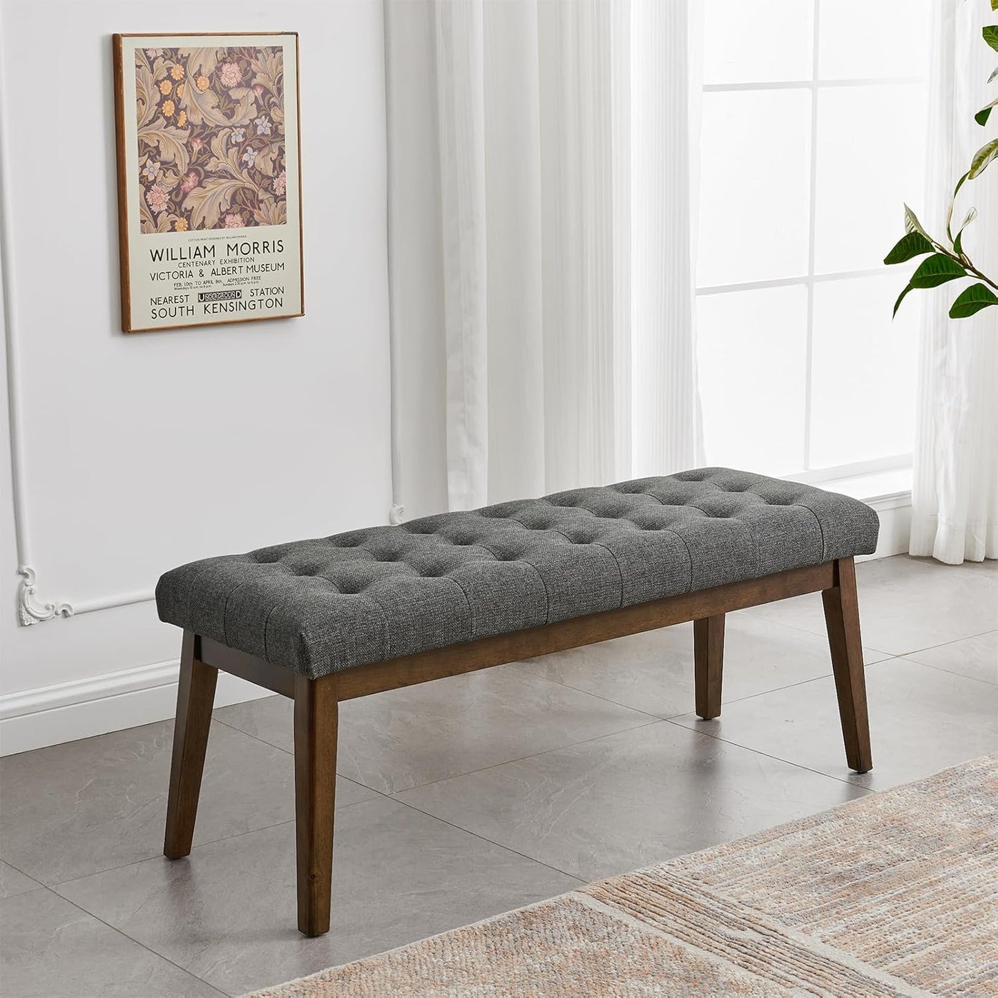 End of Bed Bedroom Bench, Linen Upholstered Tufted Bench for Bedroom End of Bed with Solid Wood Legs for Bedroom Living Room Entryway(Dark Gray)
