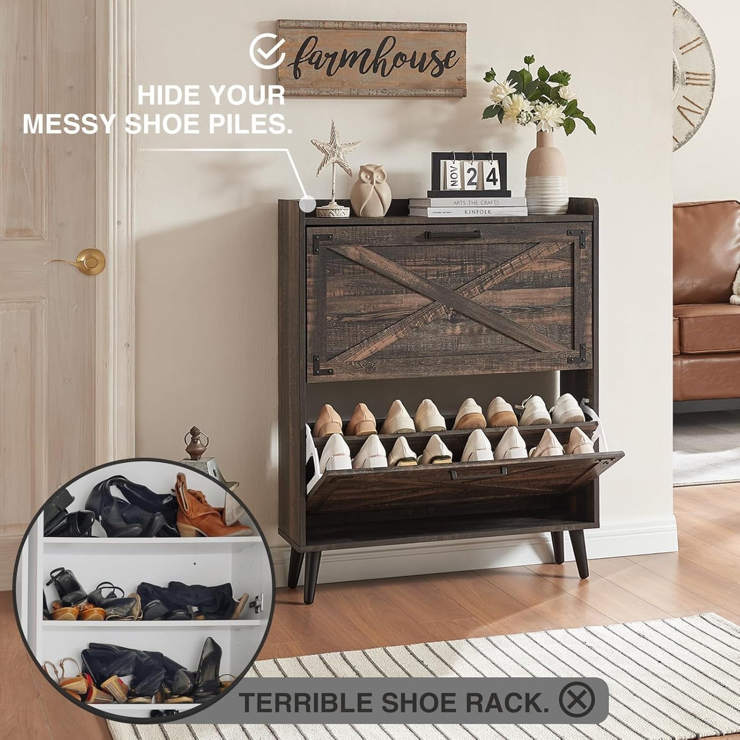 Shoe Storage Cabinet,Farmhouse Shoe Organizer with 2 Flip Drawers & Barn Door Design,Freestanding Hidden Slim Narrow Shoe Rack Cabinet for Entryway,Foyer,Hallway,Dark Oak
