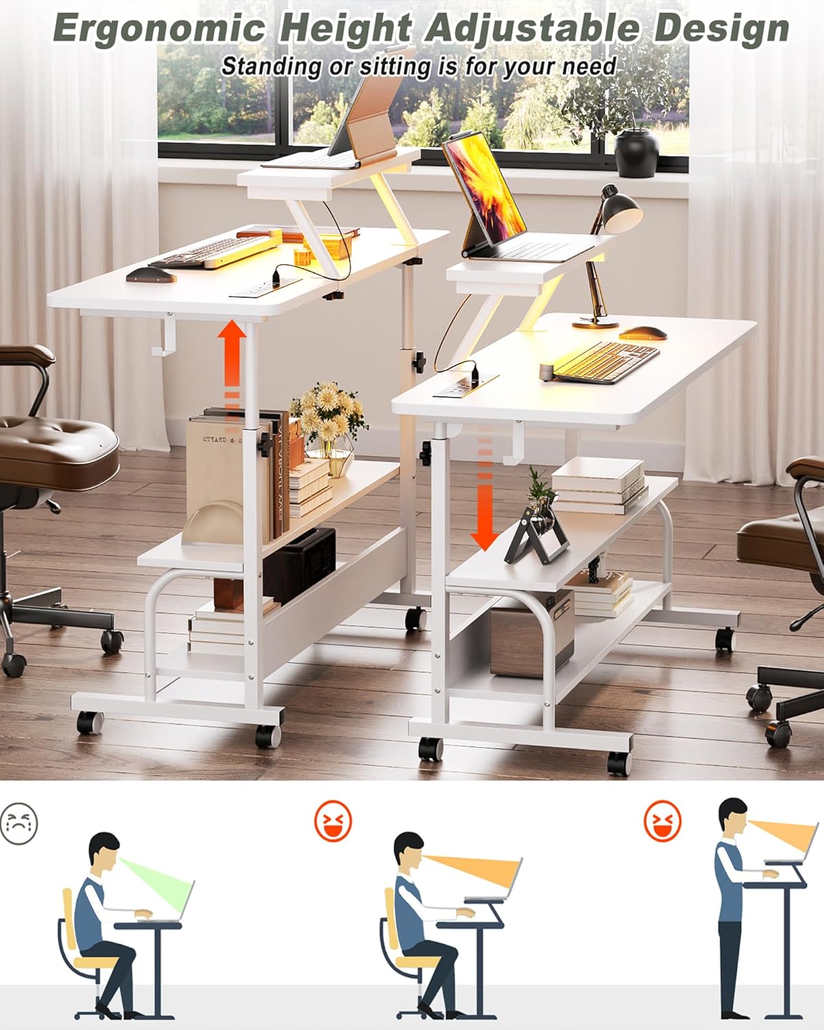 Height Adjustable Standing Desk with Power Outlets and LED Lights - 39" Manual Stand Up Desk with Monitor Stand and Storage Shelves Small Mobile Rolling Computer Desk Portable Laptop Table, White