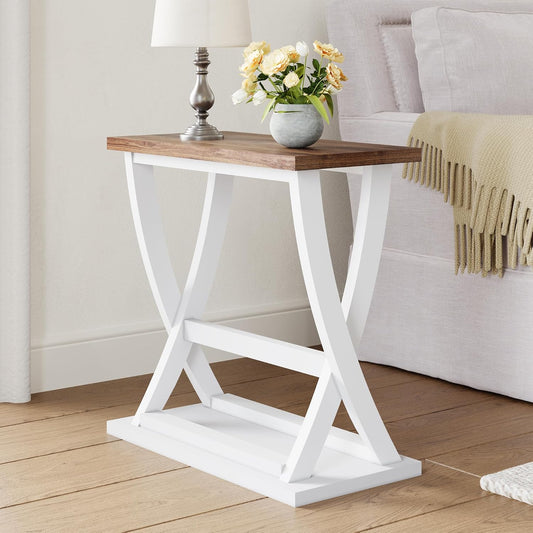 ChooChoo Farmhouse End Table, Narrow Side Table with Storage Shelf, Modern X-Design Slim End Table for Living Room,Bedroom, Small Space, 11.8" D*23.6" W*23.4" D