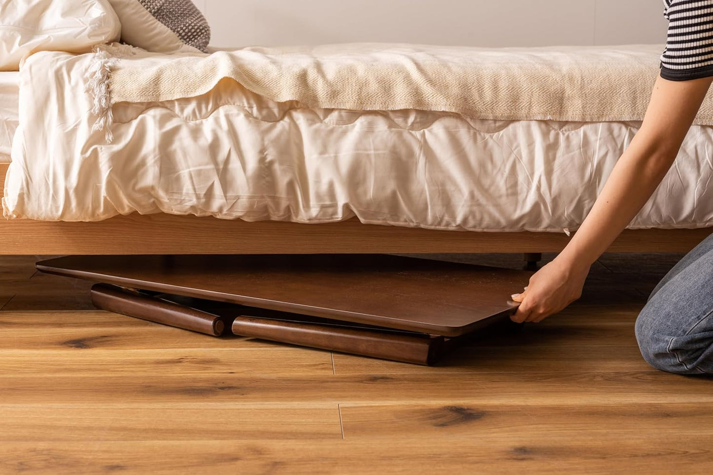 ROOM ESSENCE Folding Coffee Center Table, Size W35.5 x D17.7 x H14.2 Inches, Natural Oak Veneer Table Top, Dark Brown Color, NET-832BR