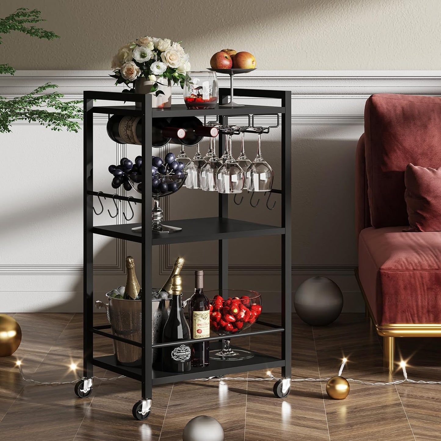 TUTOTAK Bar Cart, Home Bar Serving Cart with 3-Tier Shelf, Drink Cart with Wine Rack, Glass Holder, Rolling bar carts for The Home, Living Room, Brown V1BC01BK035